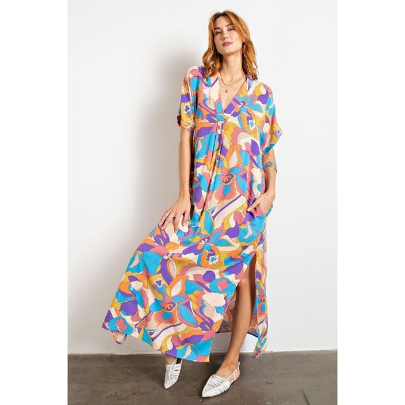 easel Dresses Easel Parrot Blue Printed V Neckline Side Deep Slits